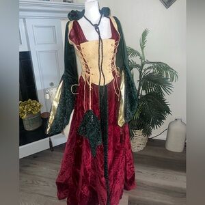 Velvet Renaissance Gown in Burgundy, Forest Green & Gold With Extras